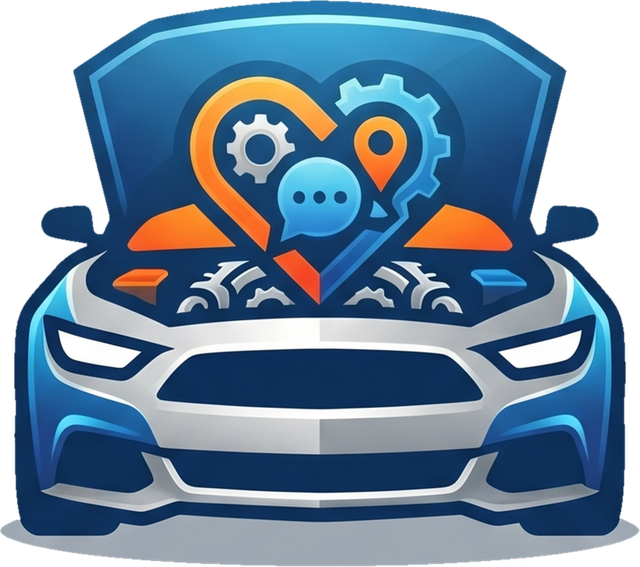 Logo de OpenHood: un coche con el capó abierto del que salen un corazón, engranajes, un marcador de mapa y un globo de chat.